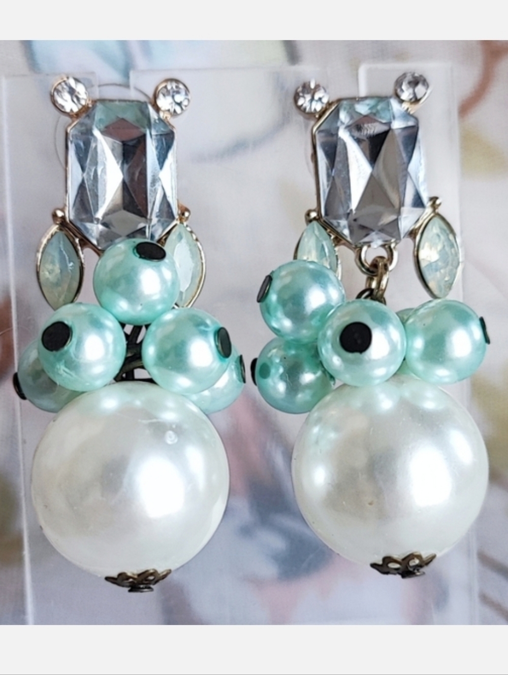 Mint Green Faux Bauble Pearls Emerald Cut Clear Rhinestone Pierced Earrings